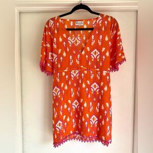 Mud Pie Orange & Pink Adjustable Swimsuit Coverup Size Small Pom Pom Medium